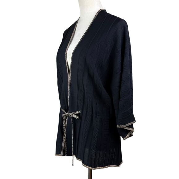 Exclusivley Misook Black Textured Knit Gold Trim Layering Cardigan Sweater - Picture 2 of 11